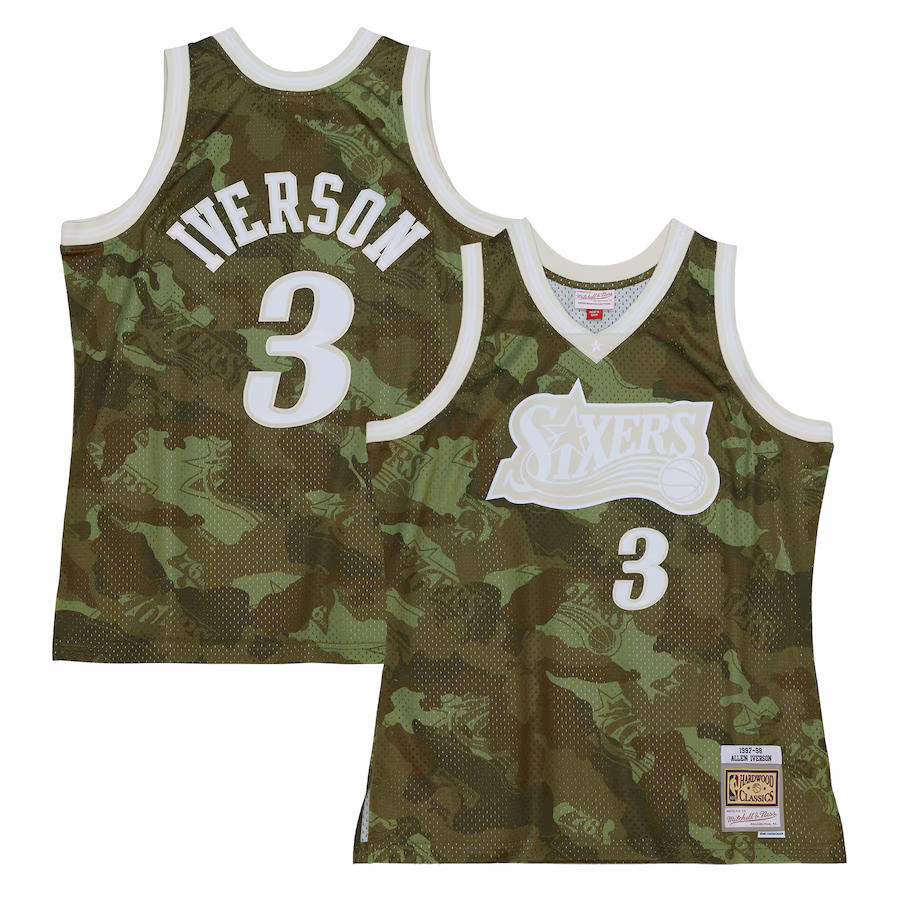 Men's Philadelphia 76ers Allen Iverson Mitchell & Ness Camo Hardwood Classics 1997/98 Ghost Green Swingman Jersey - Jersey