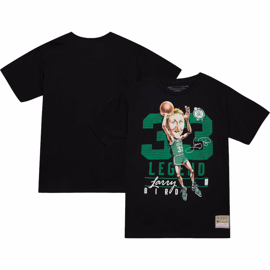 Men's Boston Celtics Larry Bird Mitchell & Ness Black Hardwood Classics Caricature T-Shirt - Jersey