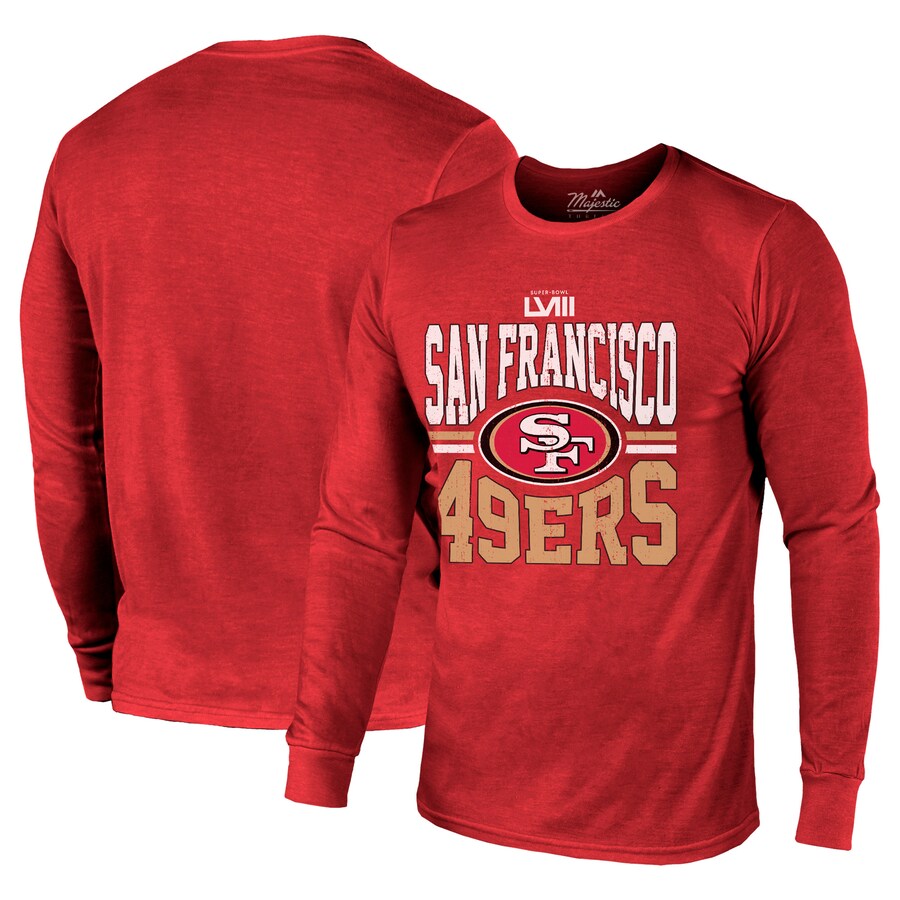 Men's San Francisco 49ers Majestic Threads Scarlet Super Bowl LVIII Tri-Blend Long Sleeve T-Shirt - Jersey