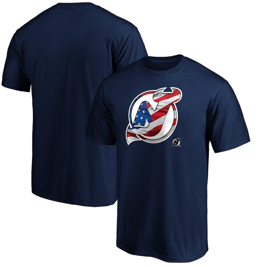 Men's New Jersey Devils Navy Banner Wave Logo T-Shirt - Jersey