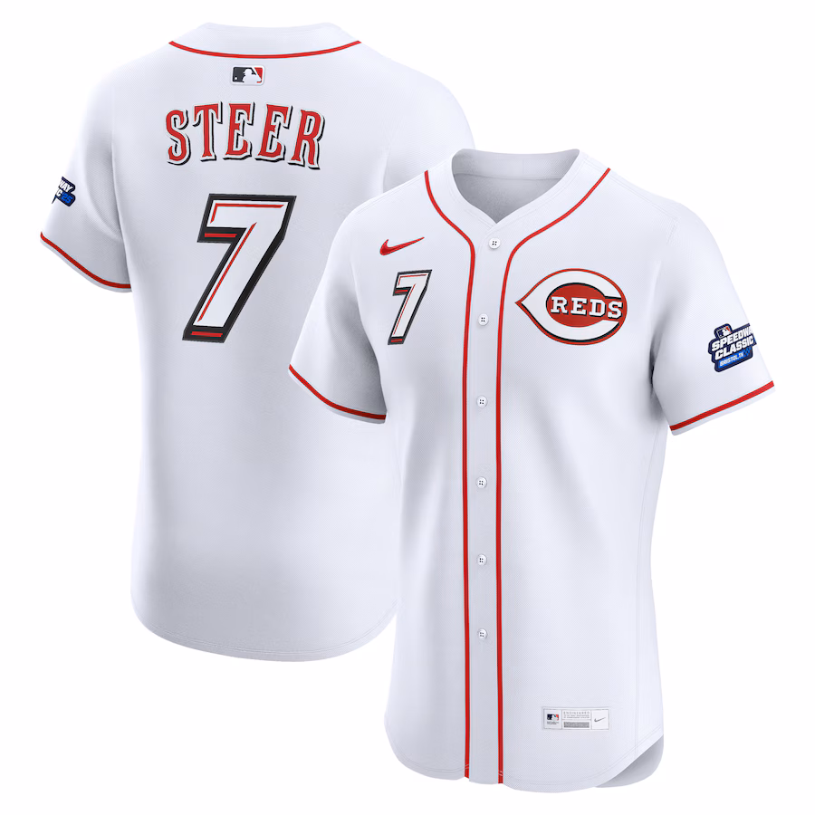 Men's Cincinnati Reds Spencer Steer Nike White 2025 MLB Speedway Classic Home Elite Player Jersey - Jersey