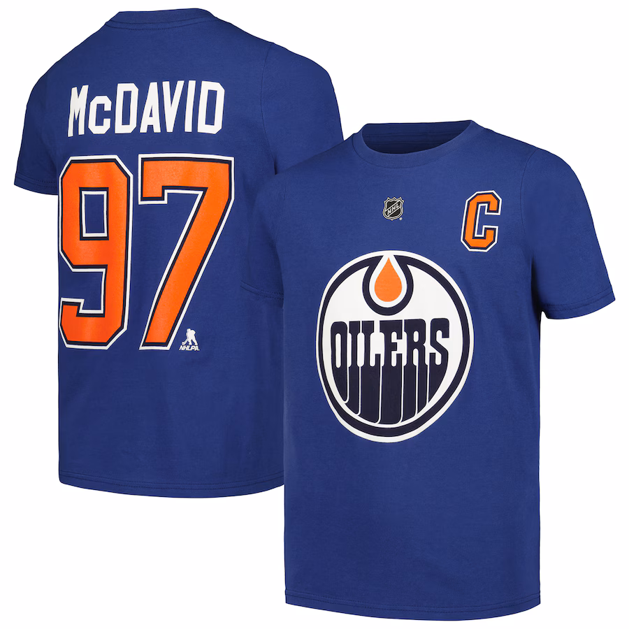 Youth Edmonton Oilers Connor McDavid Blue Captain Player Name & Number T-Shirt - Jersey