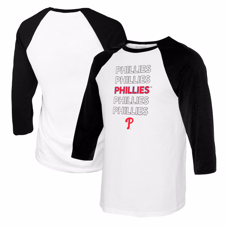 Women's Philadelphia Phillies Tiny Turnip White/Black Stacked 3/4-Sleeve Raglan T-Shirt - Jersey