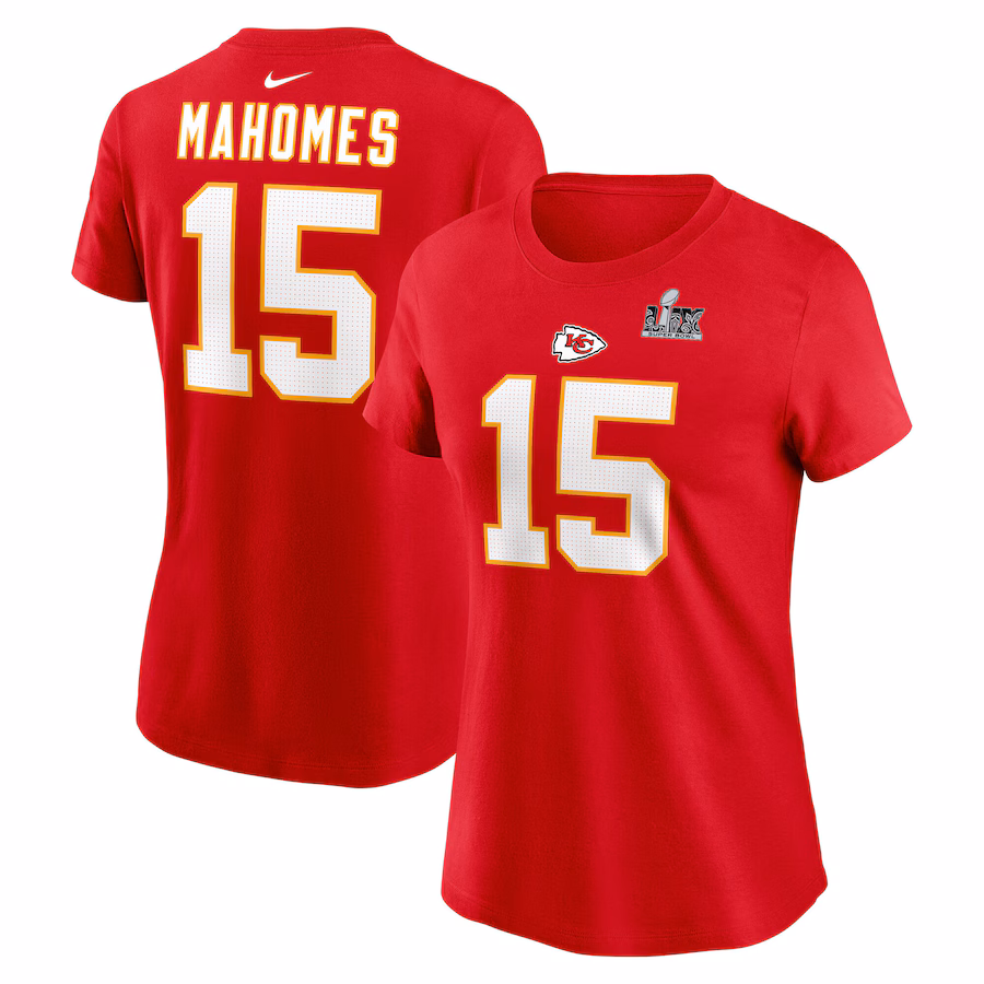 Women's Kansas City Chiefs Patrick Mahomes Nike Red Super Bowl LIX Name & Number T-Shirt - Jersey