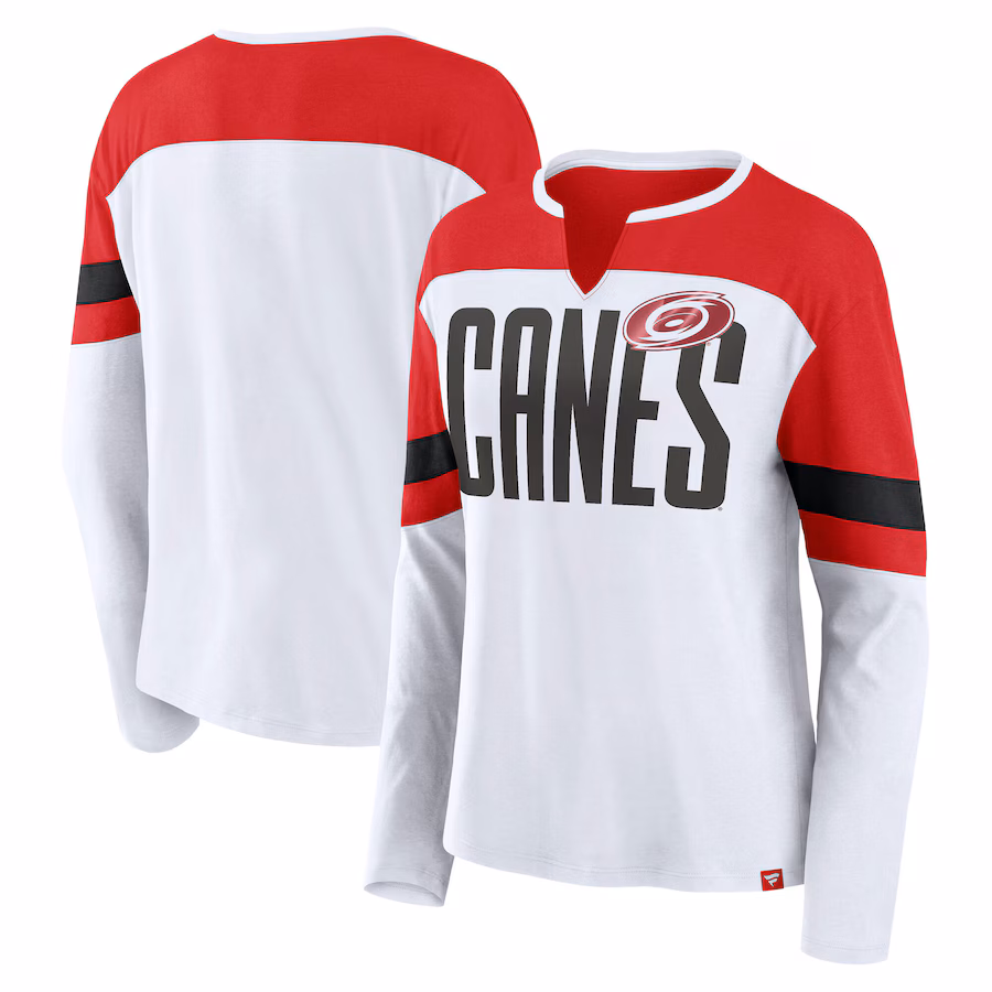 Women's Carolina Hurricanes Fanatics White/Red Frozen Long Sleeve Notch Neck T-Shirt - Jersey