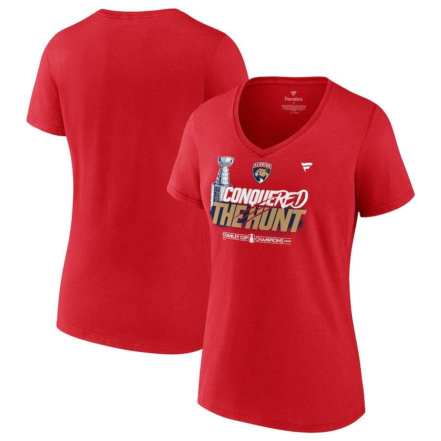 Women's Florida Panthers Fanatics Red 2024 Stanley Cup Champions Celebration V-Neck T-Shirt - Jersey