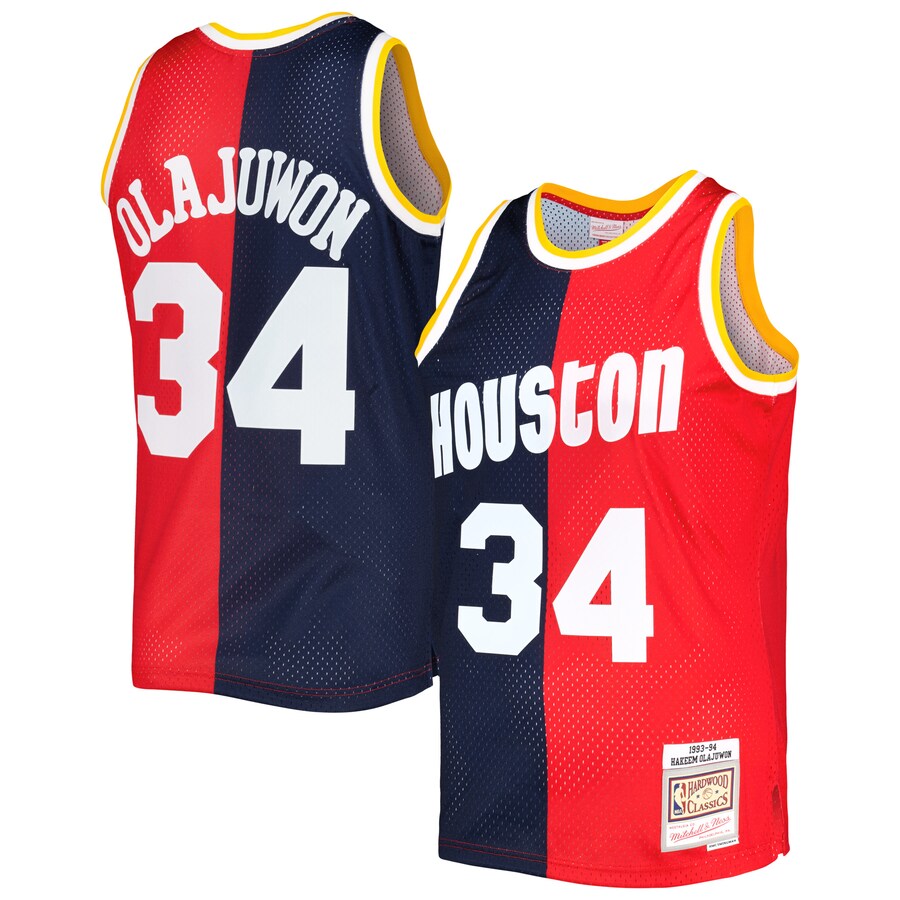 Men's Houston Rockets Hakeem Olajuwon Mitchell & Ness Navy/Red Hardwood Classics 1993/94 Split Swingman Jersey - Jersey