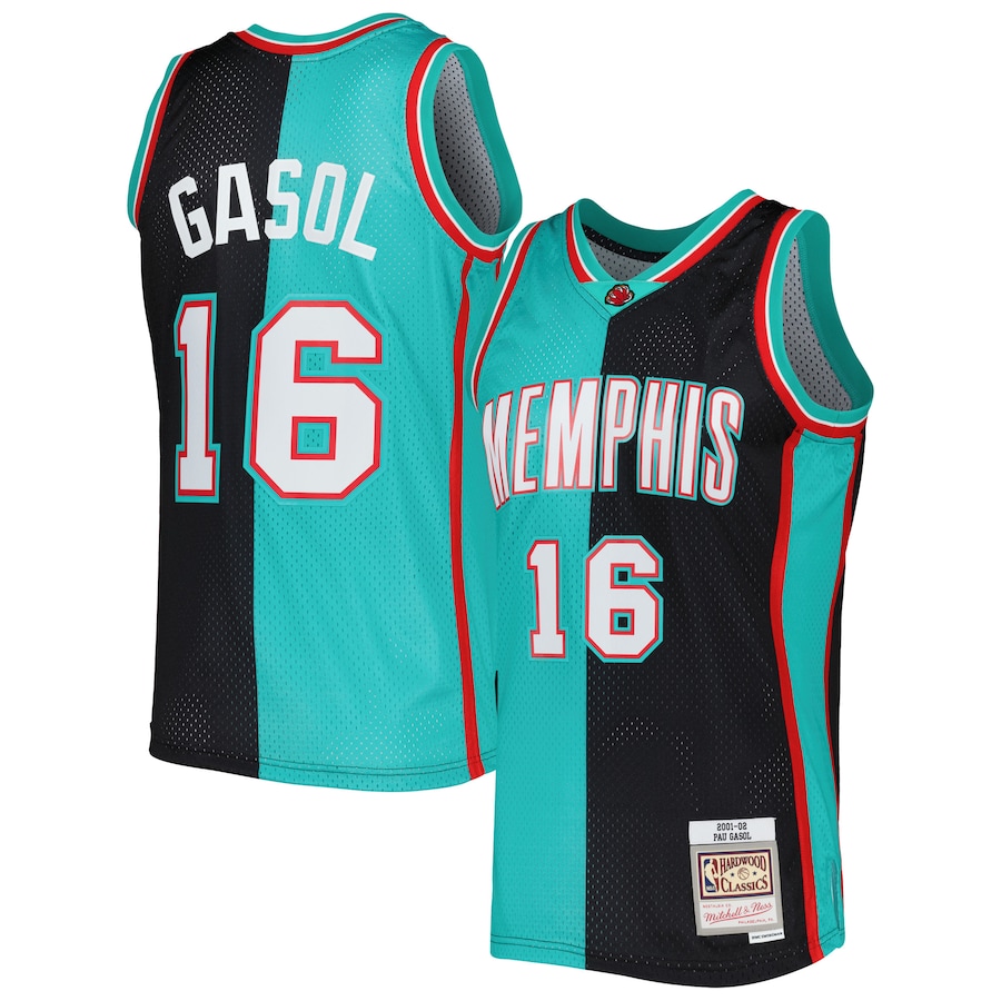 Men's Memphis Grizzlies Pau Gasol Mitchell & Ness Black/Turquoise Hardwood Classics 2001/02 Split Swingman Jersey - Jersey