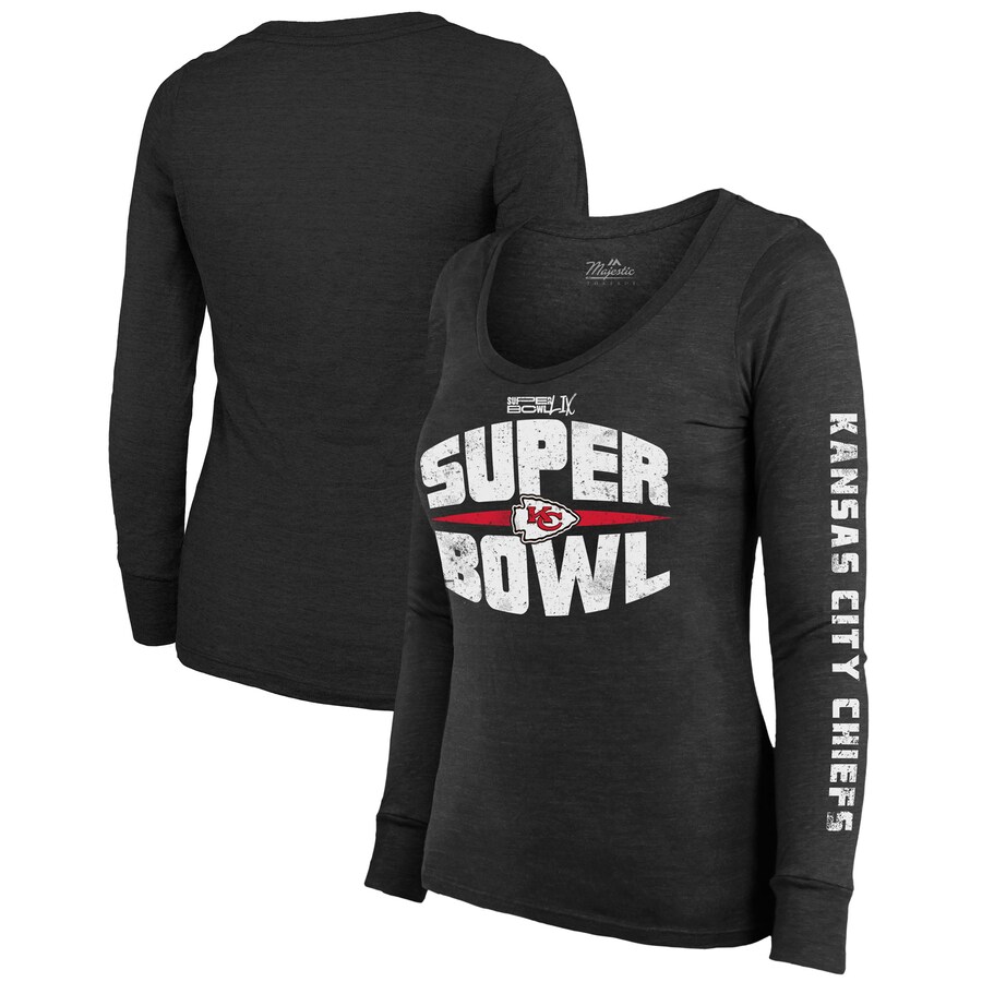 Women's Kansas City Chiefs Majestic Threads Black Super Bowl LIX Franklin Tri-Blend Long Sleeve Scoop Neck T-Shirt - Jersey