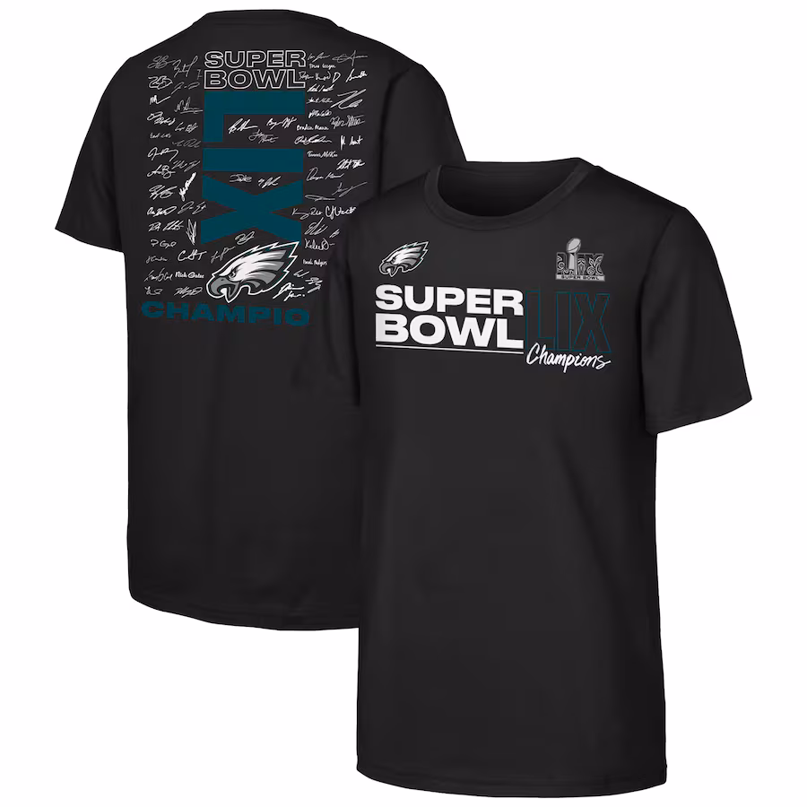 Youth Philadelphia Eagles  Fanatics Black Super Bowl LIX Champions Roster T-Shirt - Jersey