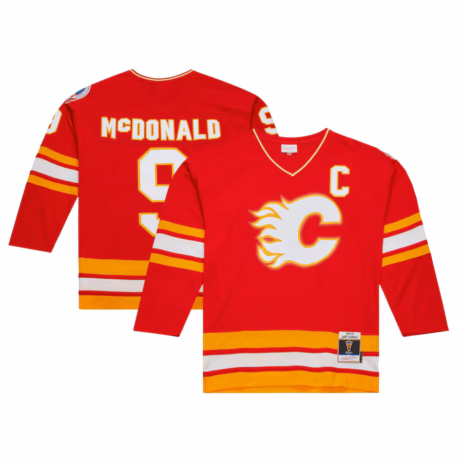 Men's Calgary Flames Lanny McDonald Mitchell & Ness Red Captain Patch 1988/89 Blue Line Player Jersey - Jersey