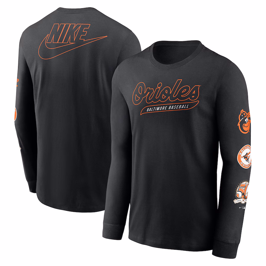 Men's Baltimore Orioles Nike Black Cooperstown Collection Knockout Long Sleeve T-Shirt - Jersey