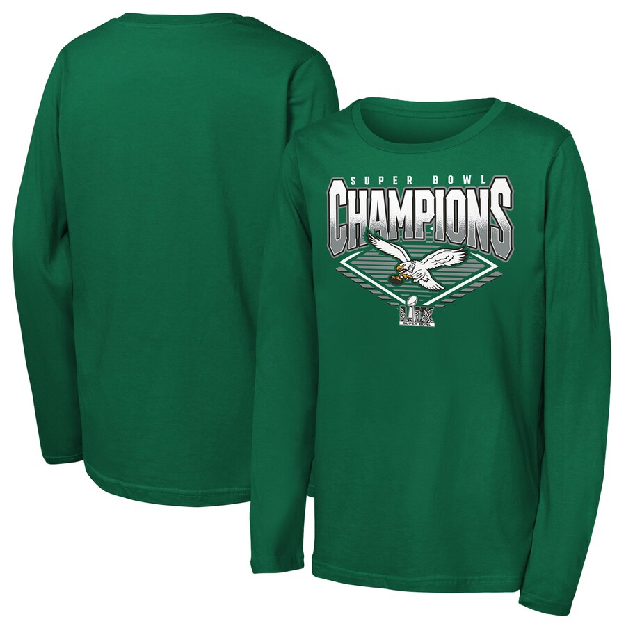 Youth Philadelphia Eagles Kelly Green Super Bowl LIX Champions Retro Diamond Long Sleeve T-Shirt - Jersey