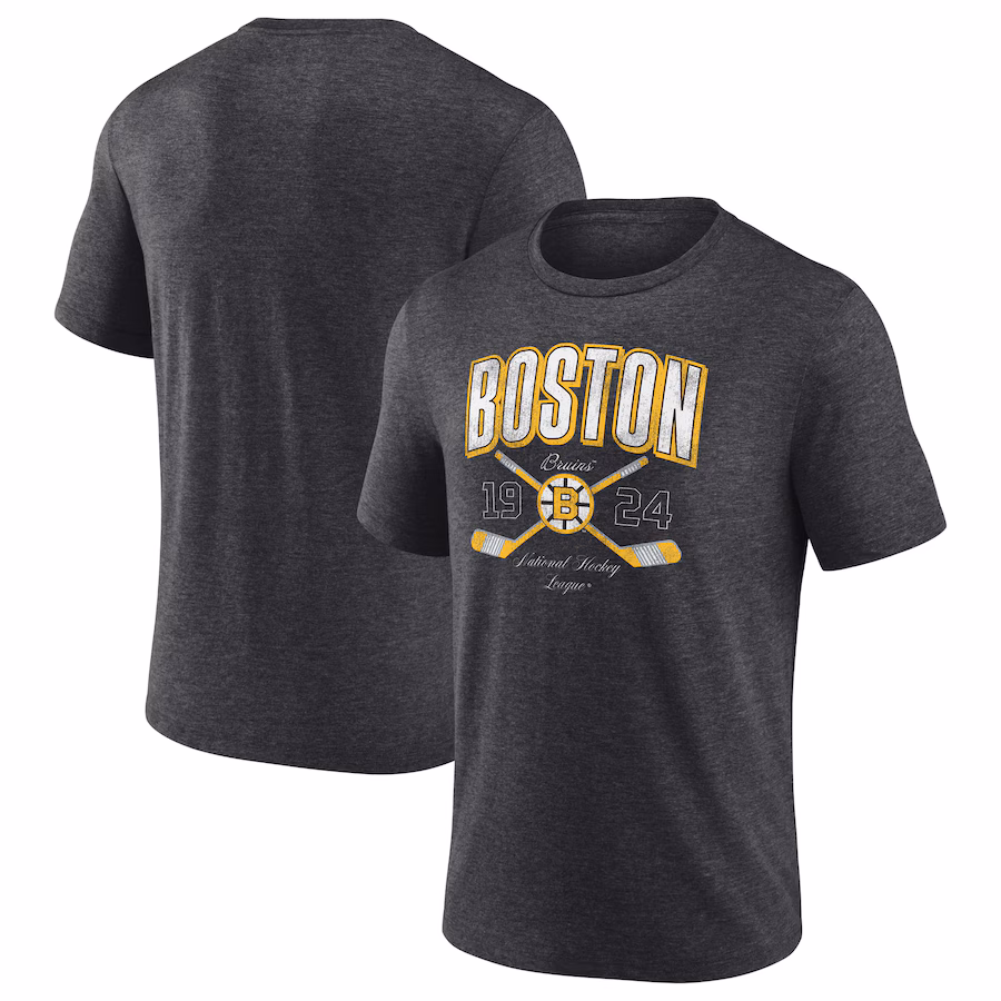 Men's Boston Bruins Fanatics Heather Charcoal Vintage Cross Sticks Distressed Tri-Blend T-Shirt - Jersey