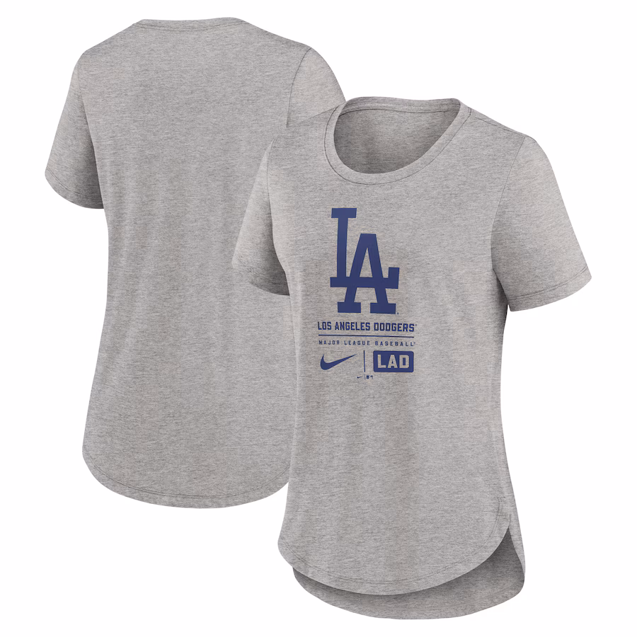 Women's Los Angeles Dodgers Nike Heather Gray Large Logo Stack Tri-Blend T-Shirt - Jersey