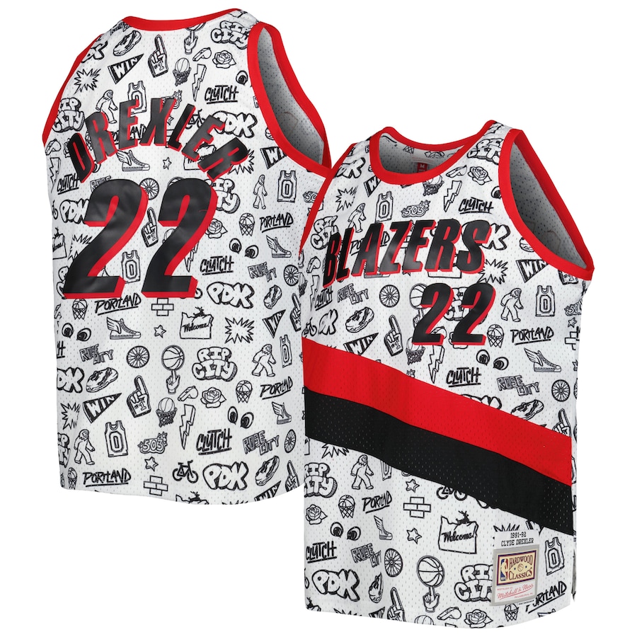 Men's Portland Trail Blazers Clyde Drexler Mitchell & Ness White 1991/92 Hardwood Classics Doodle Swingman Player Jersey - Jersey
