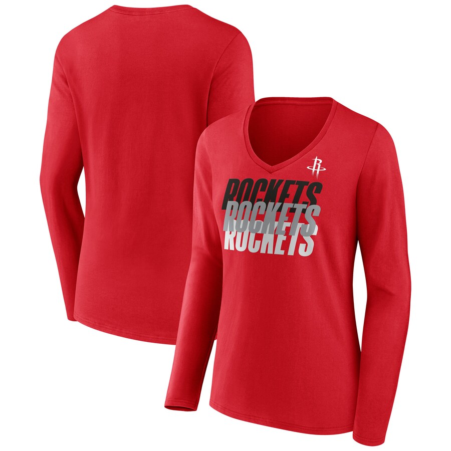 Women's Houston Rockets  Fanatics Red Iconic Tumble Long Sleeve V-Neck T-Shirt - Jersey