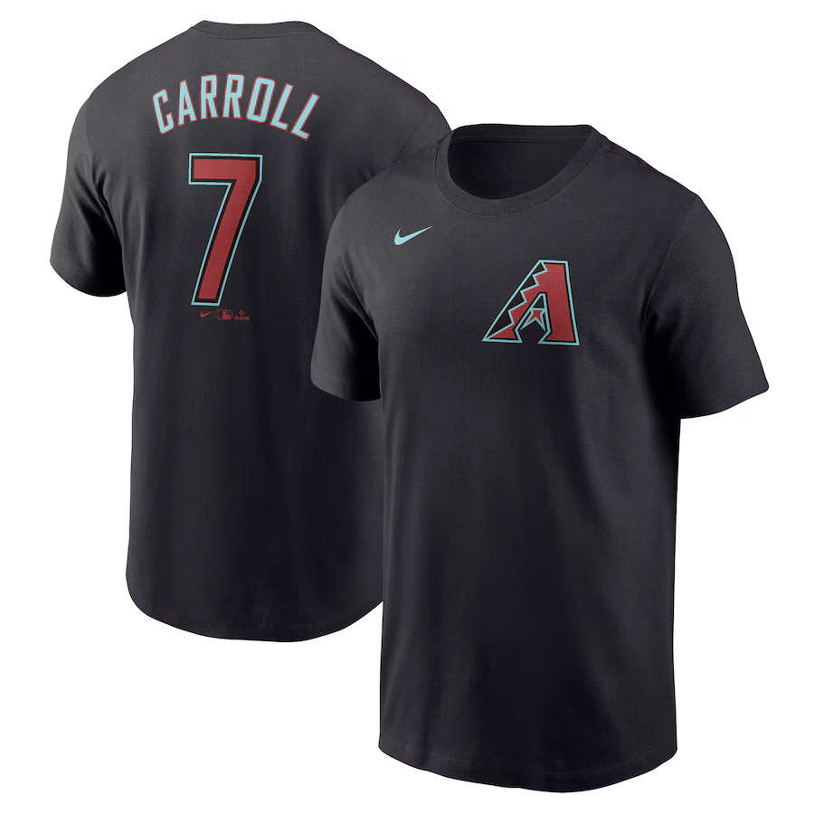 Men's Arizona Diamondbacks Corbin Carroll Nike Black 2024 Fuse Name & Number T-Shirt - Jersey