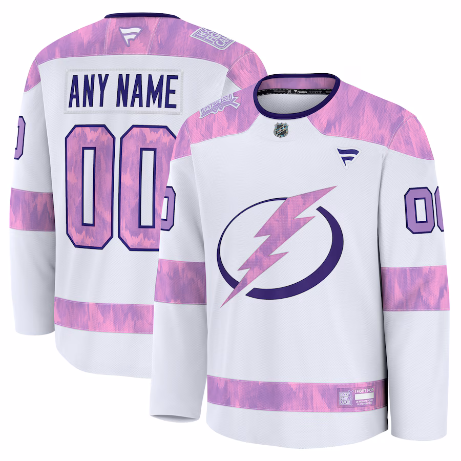 Men's Tampa Bay Lightning Fanatics White 2024 Hockey Fights Cancer Custom Practice Jersey - Jersey