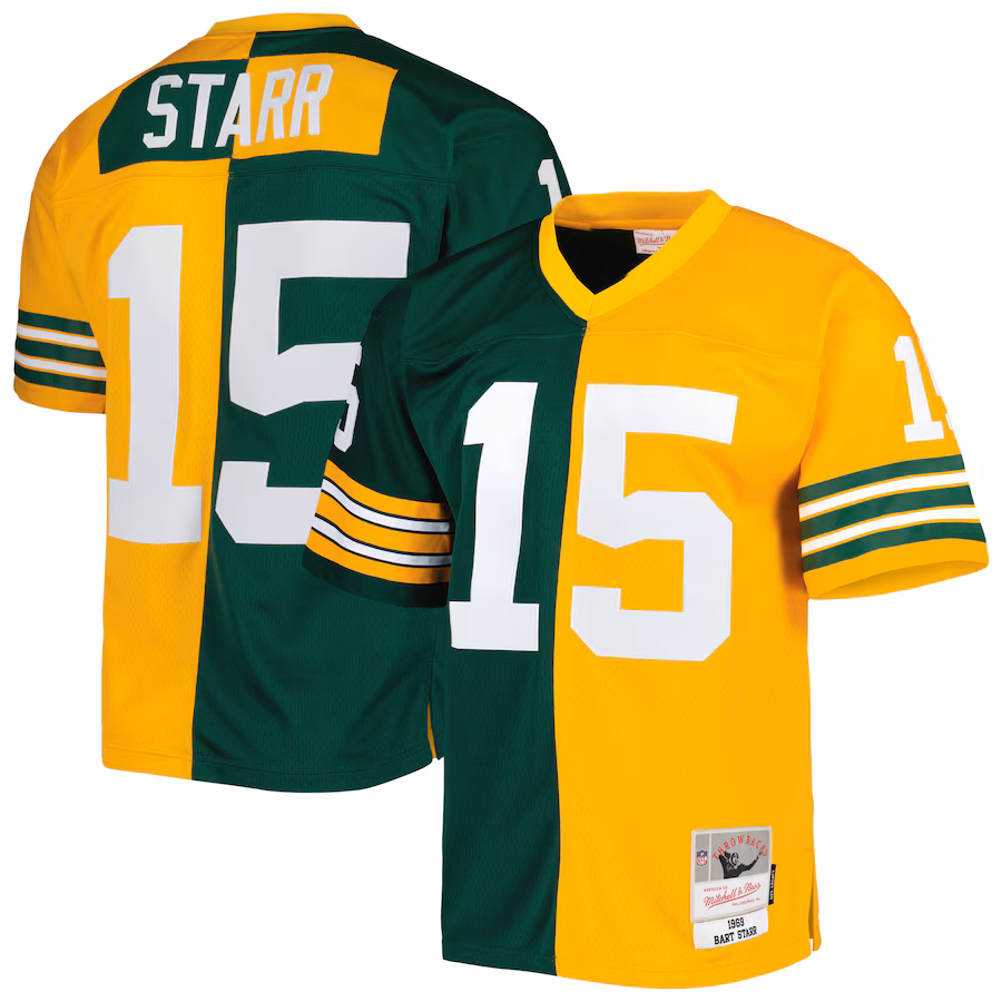 Men's Green Bay Packers Bart Starr Mitchell & Ness Green/Gold 1969 Split Legacy Replica Jersey - Jersey