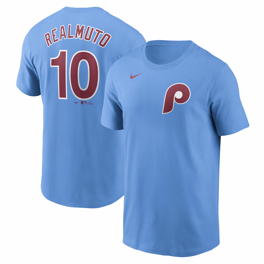 Men's Philadelphia Phillies J.T. Realmuto Nike Light Blue Fuse Name & Number T-Shirt - Jersey