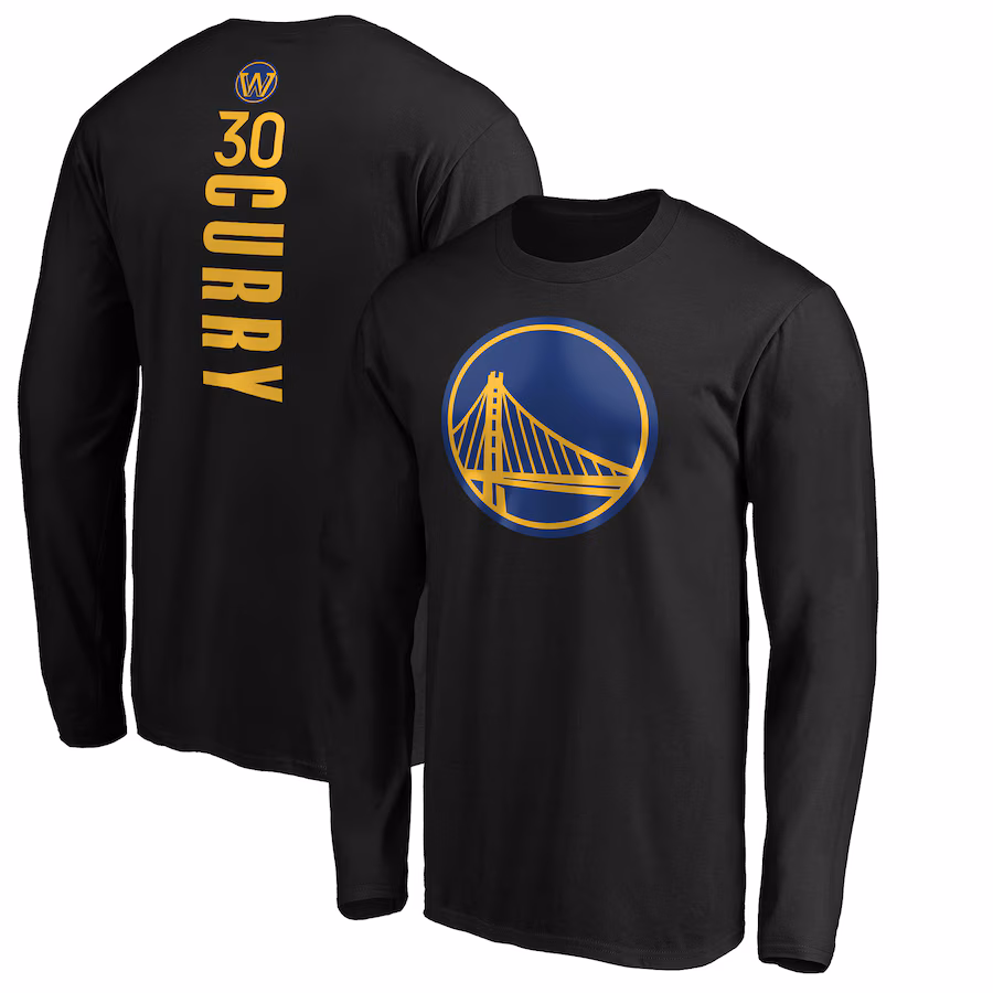 Men's Golden State Warriors Stephen Curry Black Playmaker Name & Number Long Sleeve T-Shirt - Jersey