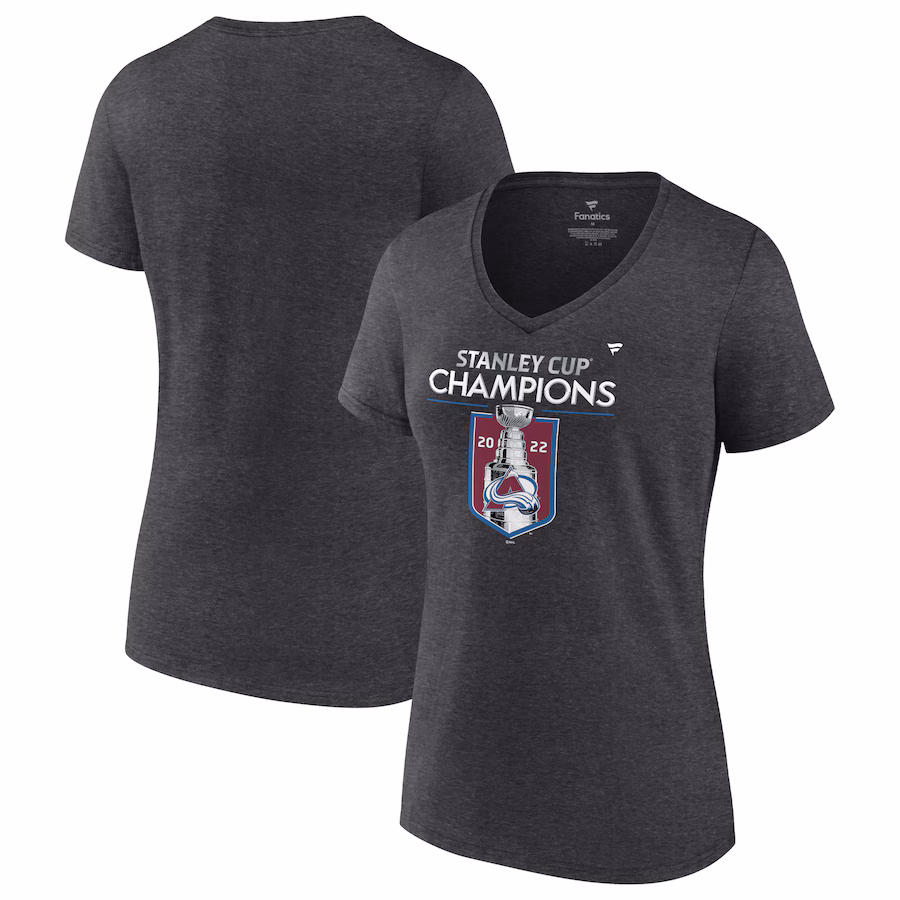 Women's Colorado Avalanche Fanatics Heathered Charcoal 2022 Stanley Cup Champions Locker Room V-Neck T-Shirt - Jersey
