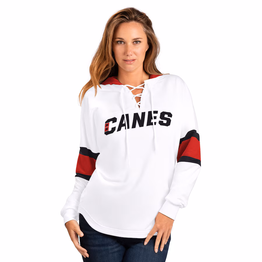 Women's Carolina Hurricanes G-III 4Her by Carl Banks White/Red Goal Zone Long Sleeve Lace-Up Hoodie T-Shirt - Jersey