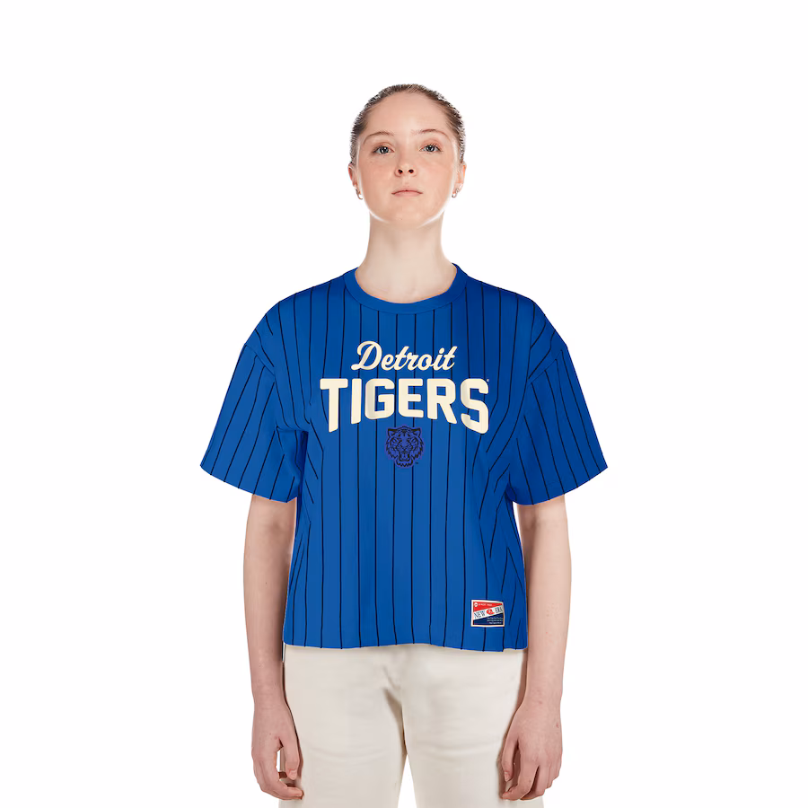 Women's Detroit Tigers New Era Blue City Connect Multiplier Pinstripe Cropped T-Shirt - Jersey