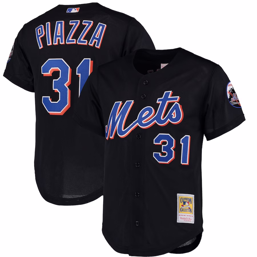 Men's New York Mets Mike Piazza Mitchell & Ness Black Cooperstown Collection Mesh Batting Practice Button-Up Jersey - Jersey