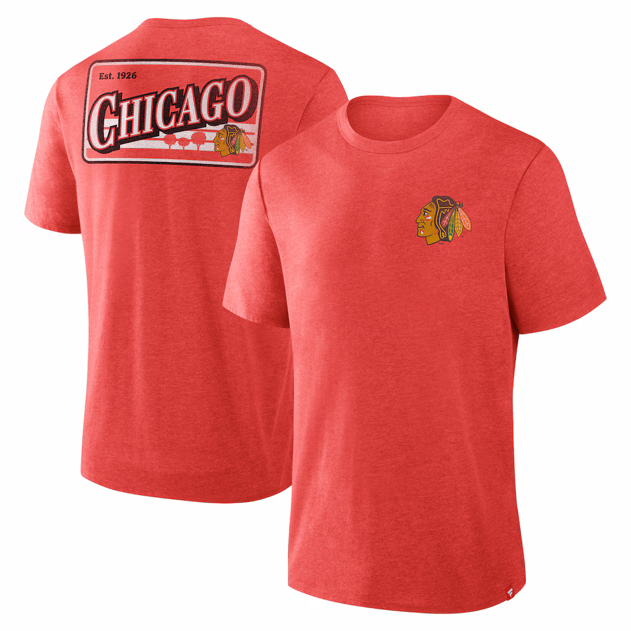 Men's Chicago Blackhawks Fanatics Heather Red Fan Lanes Tri-Blend T-Shirt - Jersey