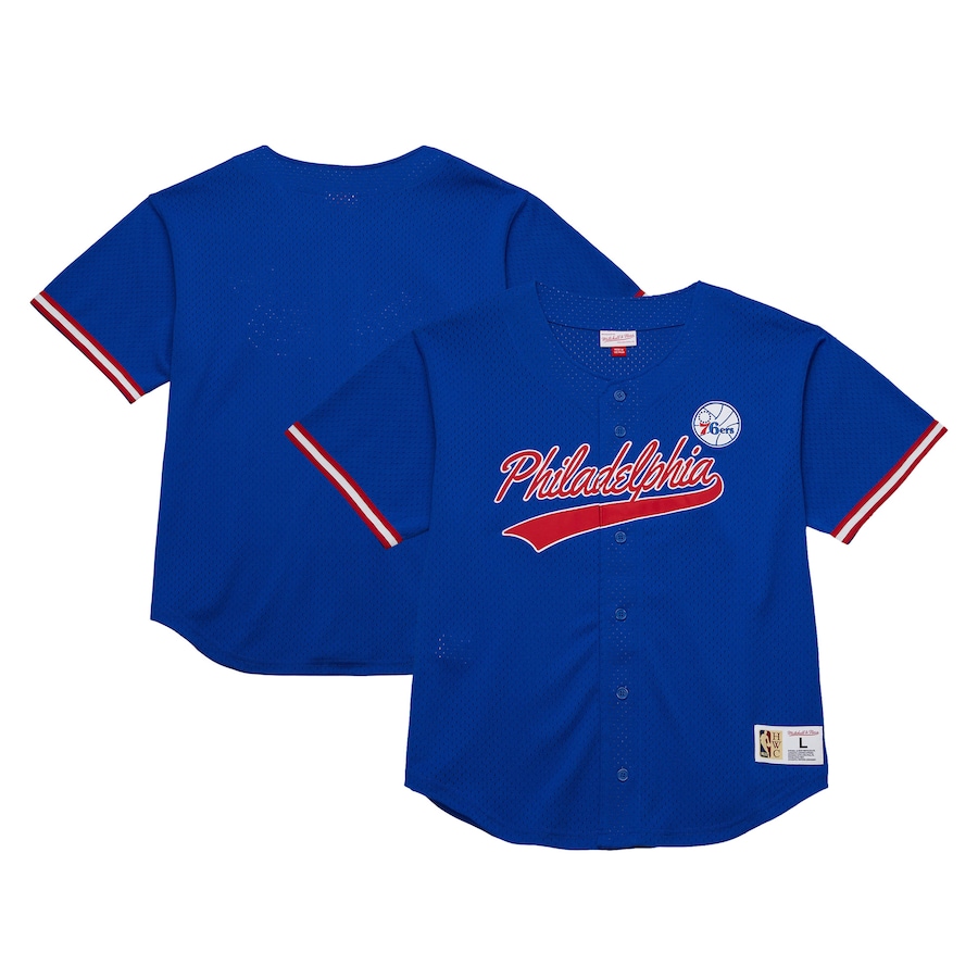 Men's Philadelphia 76ers  Mitchell & Ness Royal Hardwood Classics On The Clock Mesh Fashion Baseball Jersey - Jersey