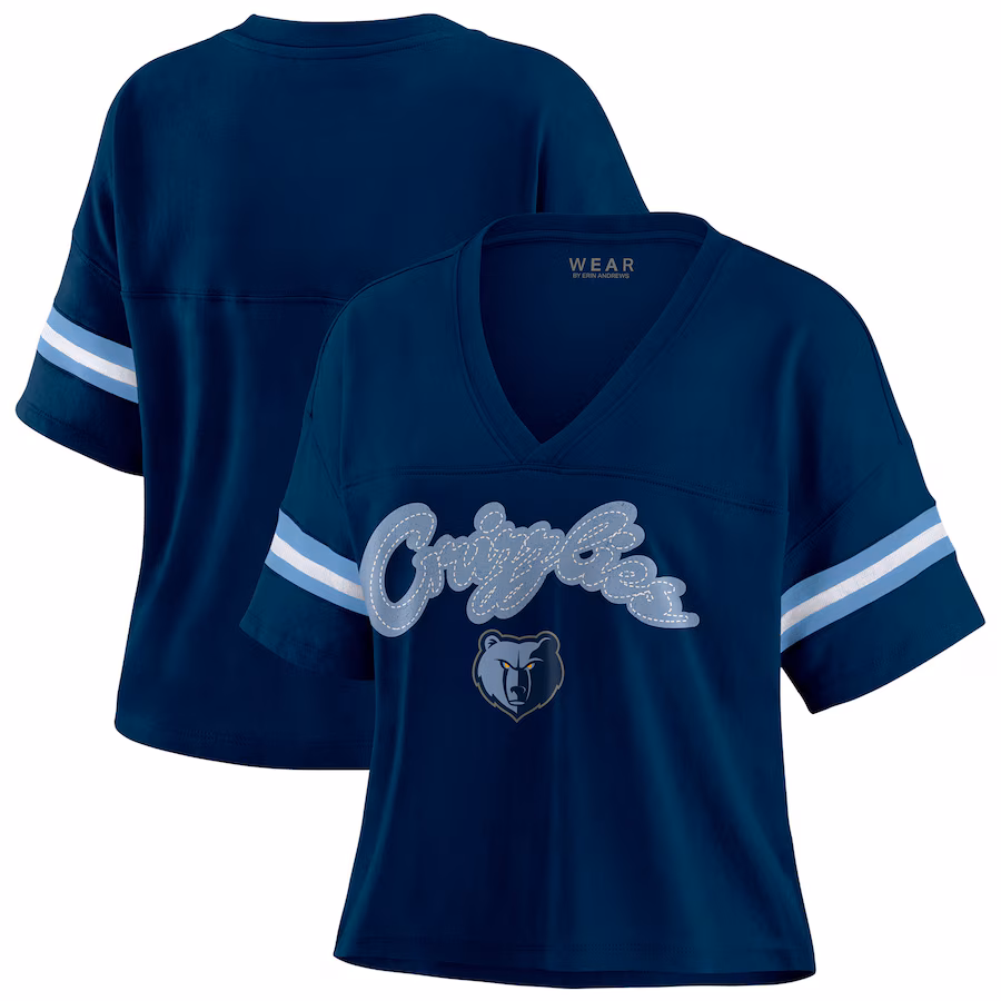Women's Memphis Grizzlies WEAR by Erin Andrews Navy Color Block Boxy V-Neck T-Shirt - Jersey