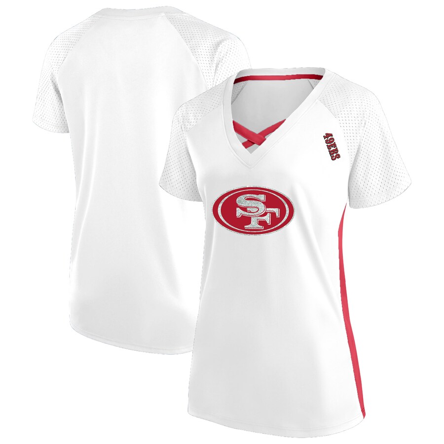Women's San Francisco 49ers Fanatics White Plus Size Glitter Lace-Up V- Neck T-Shirt - Jersey