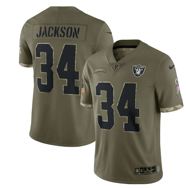 Men's Las Vegas Raiders #34 Bo Jackson 2022 Olive Salute To Service Limited Stitched Jersey - Jersey