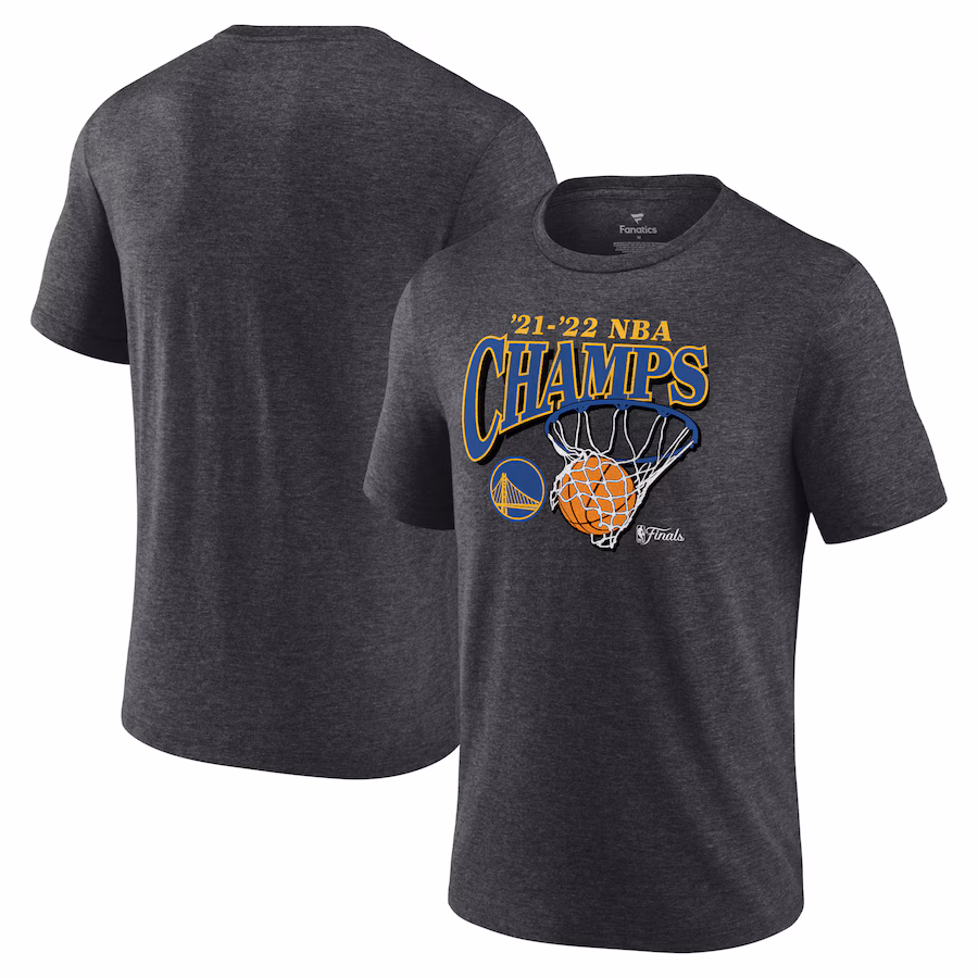 Men's Golden State Warriors Fanatics Heathered Charcoal 2022 NBA Finals Champions Zone Hoops Tri-Blend T-Shirt - Jersey
