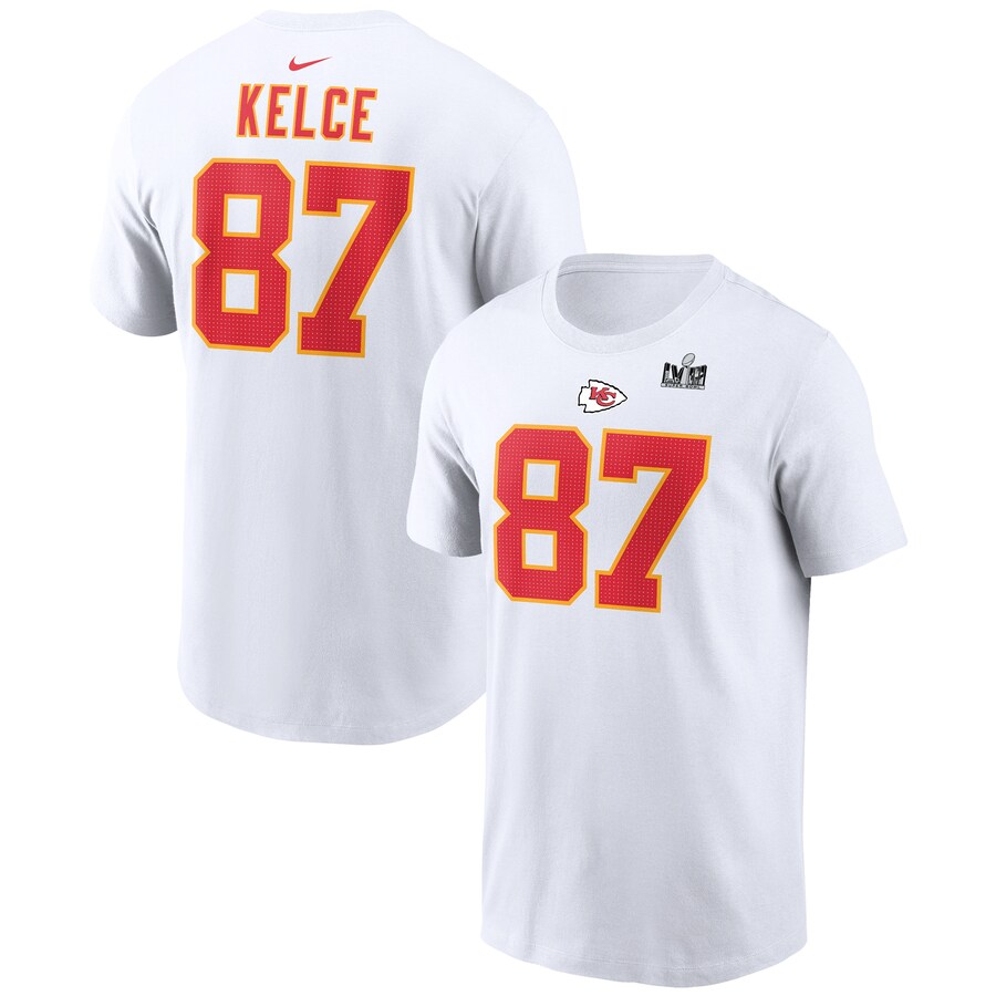 Men's Kansas City Chiefs Travis Kelce Nike White Super Bowl LVIII Patch Player Name & Number T-Shirt - Jersey
