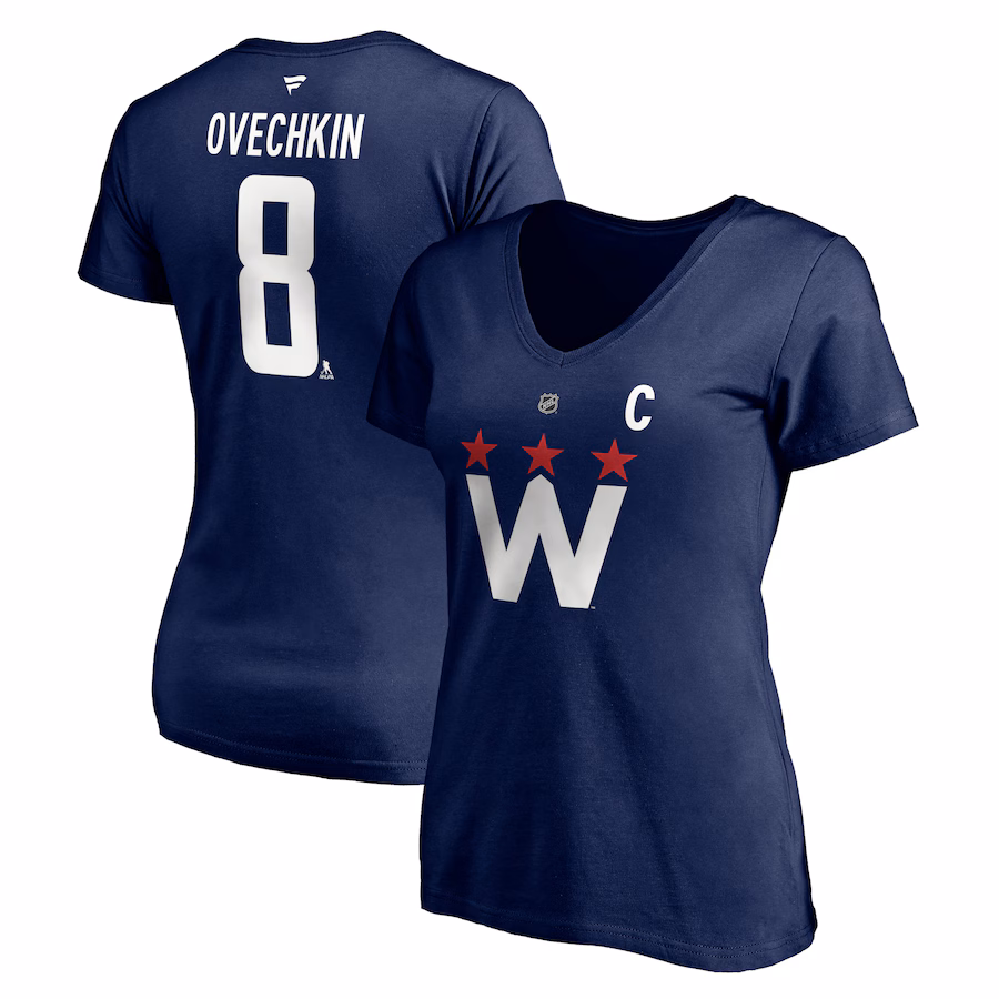 Women's Washington Capitals Alexander Ovechkin Fanatics Navy 2020/21 Alternate Authentic Stack Name & Number V-Neck T-Shirt - Jersey