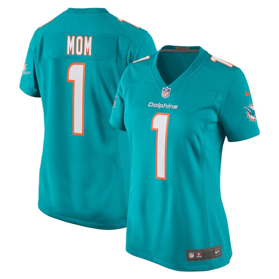 Women's Miami Dolphins Number 1 Mom Nike Aqua Game Jersey - Jersey