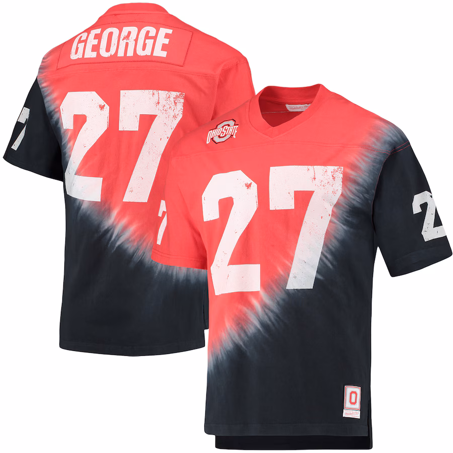 Men's Mitchell & Ness Eddie George Black/Scarlet Ohio State Buckeyes Name & Number Tie-Dye V-Neck T-Shirt - Jersey