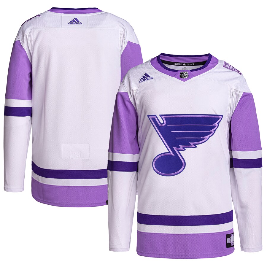 Men's St. Louis Blues adidas White/Purple Hockey Fights Cancer Primegreen Authentic Blank Practice Jersey - Jersey