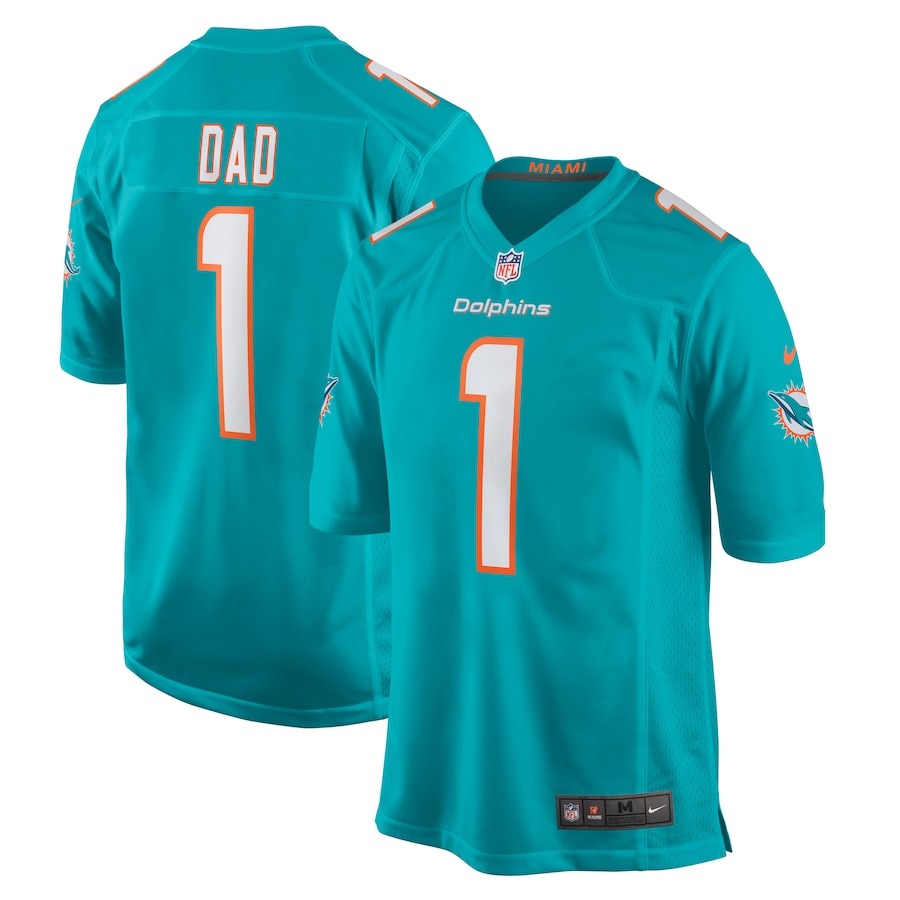 Men's Miami Dolphins Number 1 Dad Nike Aqua Game Jersey - Jersey