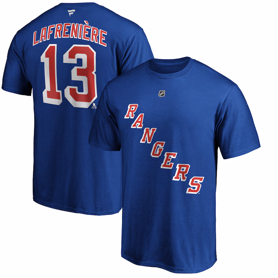 Men's New York Rangers Alexis Lafrenière Fanatics Blue Authentic Stack Name & Number T-Shirt - Jersey