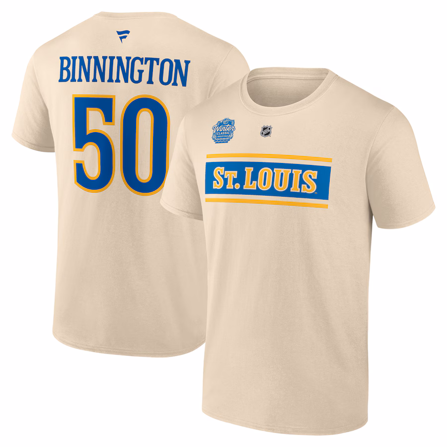 Men's St. Louis Blues Jordan Binnington Fanatics Cream 2025 NHL Winter Classic Authentic Stack Name & Number T-Shirt - Jersey