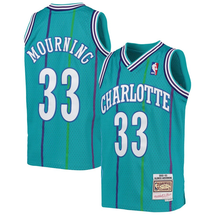 Youth Charlotte Hornets Alonzo Mourning Mitchell & Ness Teal 1992/93 Hardwood Classics Swingman Jersey - Jersey