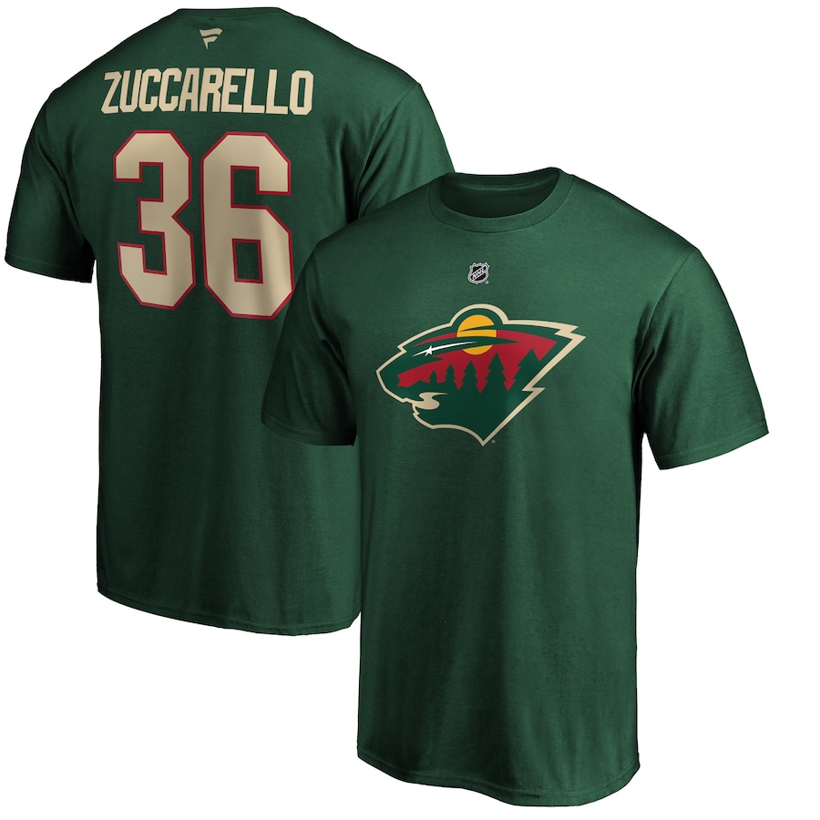 Men's Minnesota Wild Mats Zuccarello Fanatics Green Authentic Stack Name & Number Team T-Shirt - Jersey