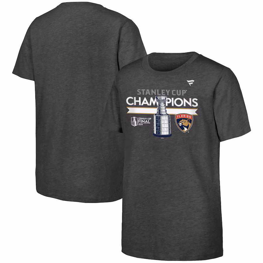 Youth Florida Panthers Fanatics Heather Charcoal 2024 Stanley Cup Champions Locker Room T-Shirt - Jersey
