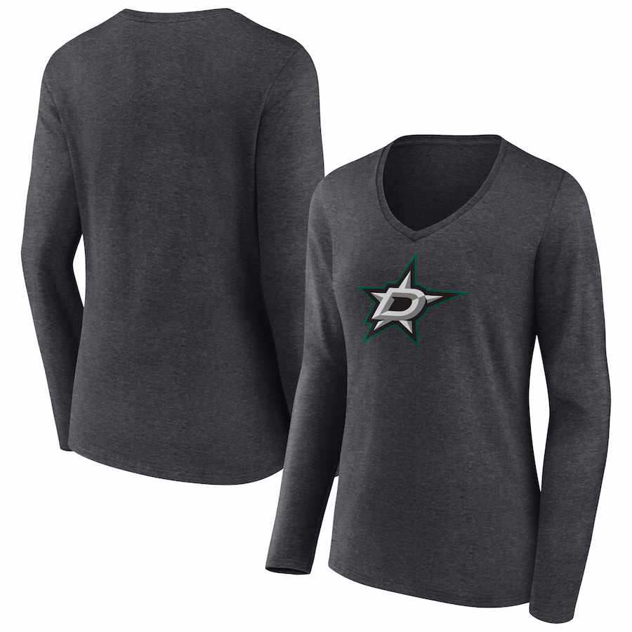 Women's Dallas Stars Heather Charcoal Primary Team Logo Long Sleeve V-Neck T-Shirt - Jersey