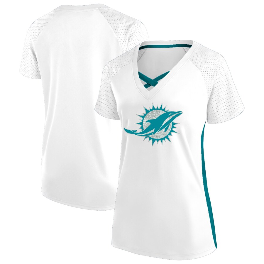 Women's Miami Dolphins Fanatics White Plus Size Glitter Lace-Up V- Neck T-Shirt - Jersey
