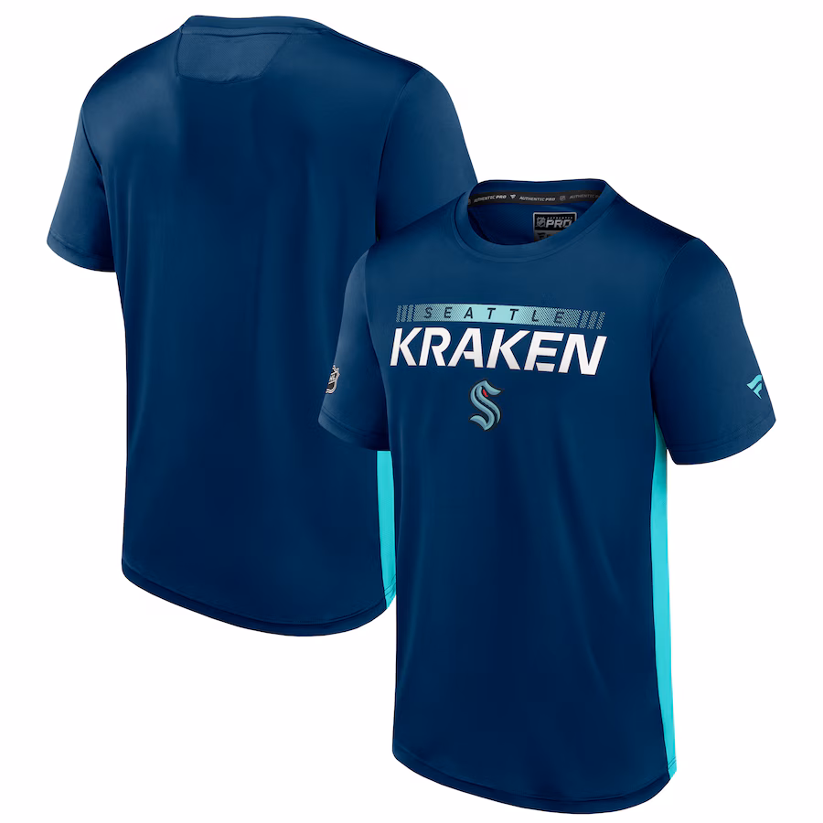 Men's Seattle Kraken Fanatics Deep Sea Blue/Light Blue Authentic Pro Rink Tech T-Shirt - Jersey